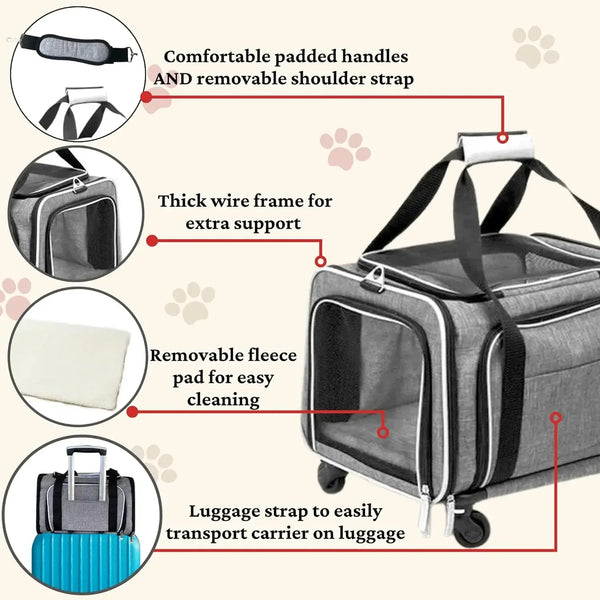 Sac de transport extensible pour animaux de compagnie sur roues, approuvé par les compagnies aériennes - Sac de transport extensible à roulettes sur deux côtés - Conçu pour les chiens et les chats - Extra