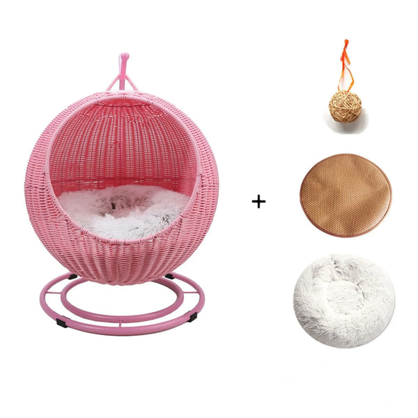Cozy pink Cat Bed Handmade House Nest Basket Cane Woven Dog Cats Hammock Puppy Kitten Pet Supplies Swing Sleeping Hanging Natural.