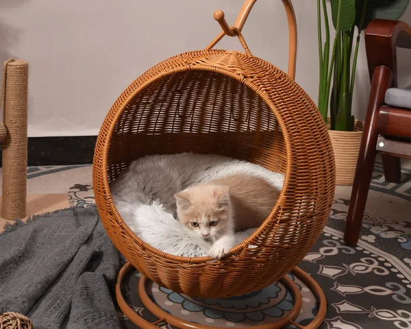 Cozy Cat Bed Handmade House Nest Basket Cane Woven Dog Cats Hammock Puppy Kitten Pet Supplies for swing sleeping.