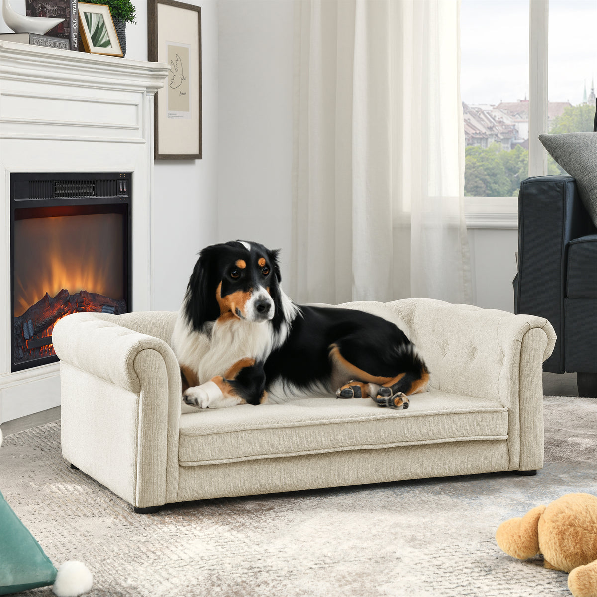 Matte black large elevated dog bed wood frame feet detail
