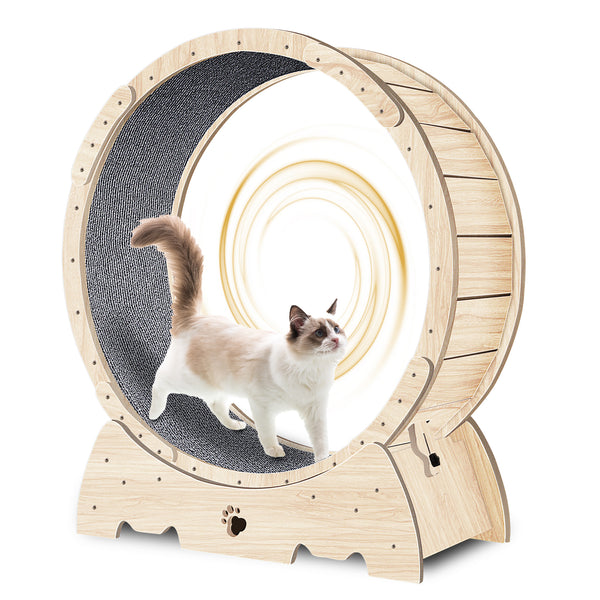Natural wood cat running wheel silent TPE rollers detail — The Pet Society