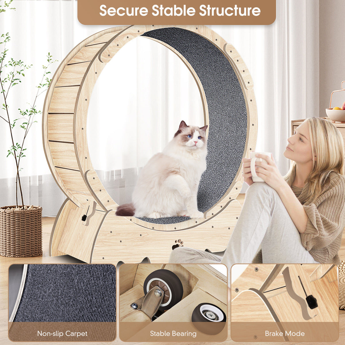Natural wood cat running wheel safety lock detail — The Pet Society