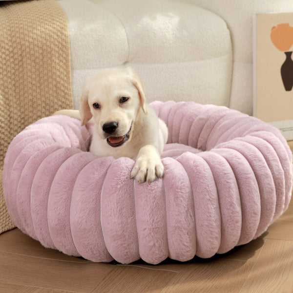 Grey round long-fiber cat bed plush texture close-up