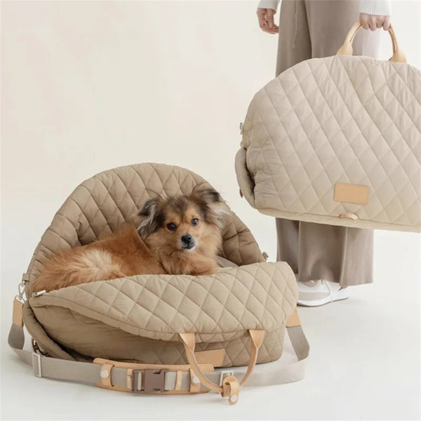 Cognac leather small dog carrier TPS chihuahua inside