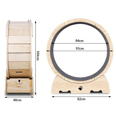 Natural wood cat running wheel assembly view — The Pet Society