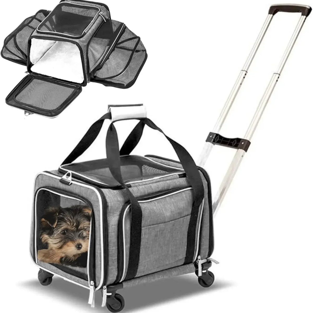 Sac de transport extensible pour animaux de compagnie sur roues, approuvé par les compagnies aériennes - Sac de transport extensible à roulettes sur deux côtés - Conçu pour les chiens et les chats - Extra