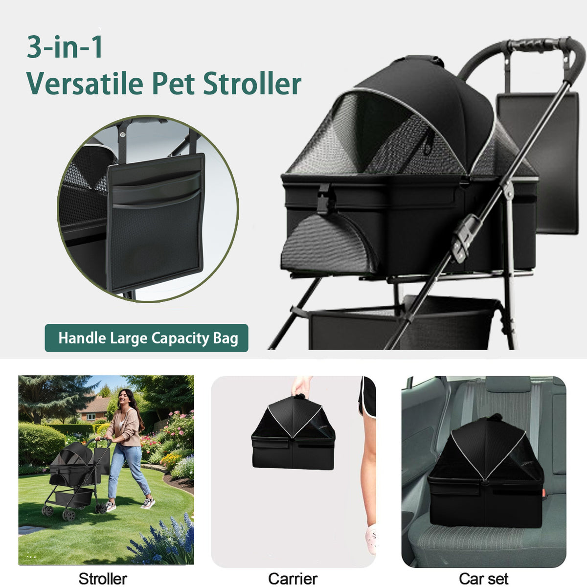 Folding Pet Stroller — 3-in-1 Travel Carrier & Car Seat