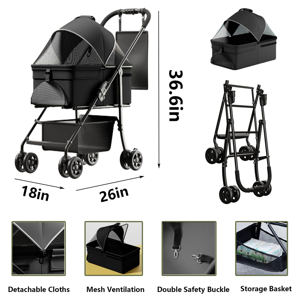 Folding Pet Stroller — 3-in-1 Travel Carrier & Car Seat