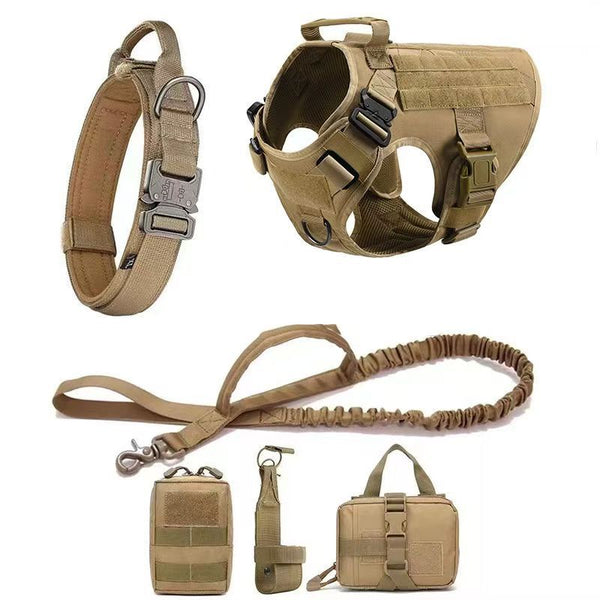 Outdoor dog vest 4-piece set features multi-function water cup and medical bag, perfect for active dogs.