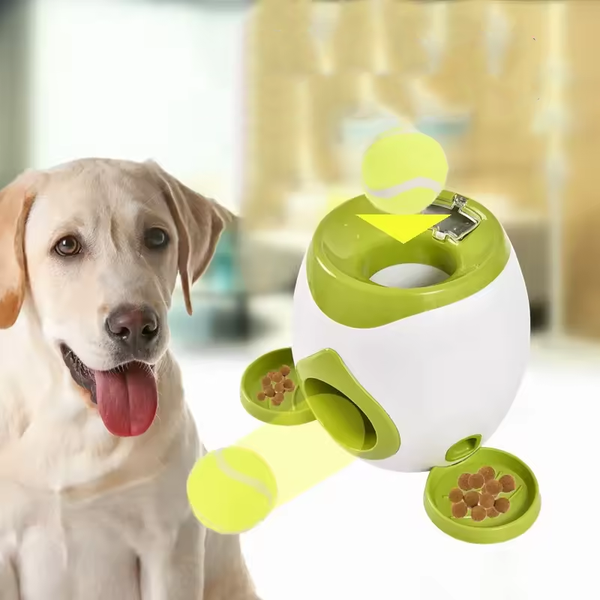 Keep your dog active with the 2 Balls Launcher Toy Training Dog Toy Slow Feeder Remote Puppy Pet Indoor Training Tennis Ball Feeder Machine.