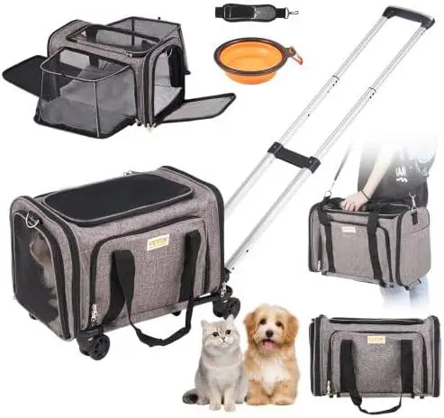 Sac de transport pour chat avec roulettes, sac de transport pour animaux de compagnie à roulettes approuvé par les compagnies aériennes avec poignée télescopique et bandoulière, sac de transport pour chien avec roulettes 